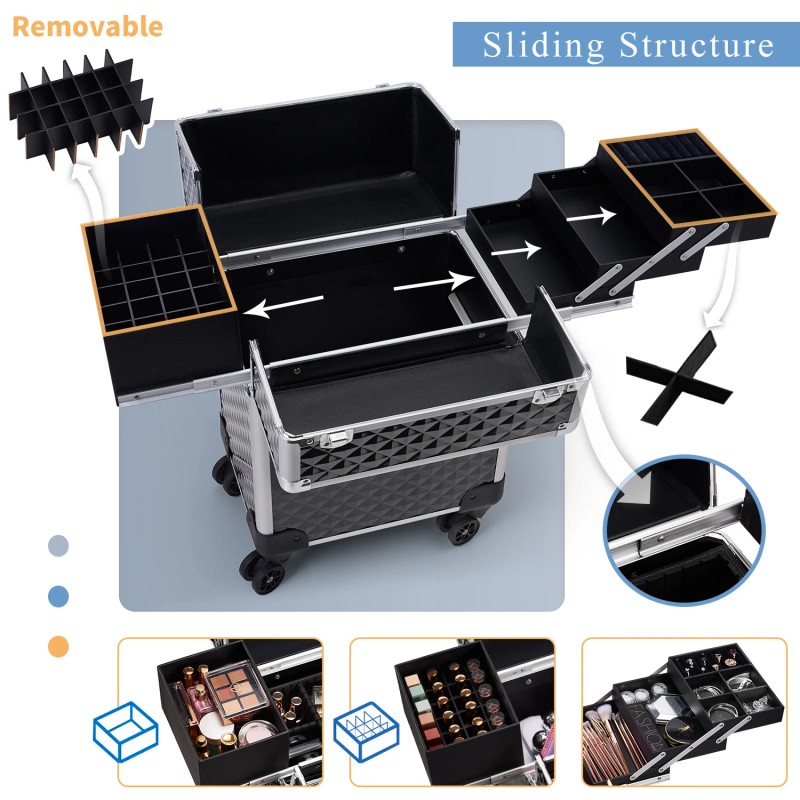 Rolling Makeup Case on Wheels 4 Tray Cosmetic Trolley with