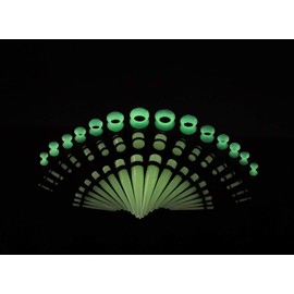 CABBE KALLO 50pcs Ear Stretching Kit Silicone Tunnels Acrylic Tapers and Plugs 14G-00G Gauges Set for Ear Piercing - Gage Starter Kit with Plugs and Tapers - Ear Gauges Stretching Kit and More (Glow in Dark)