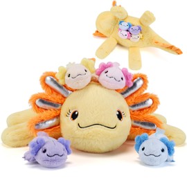 gnomantic 5 Pieces Axolotl Stuffed Animals with Babies Inside Belly - 1 Mommy Stuffed Axolotl with 4 babies - Yellow Axolotls Plush Toy for Kid Age 3-8, Gift Ideal for Christmas, Valentine's, Birthday