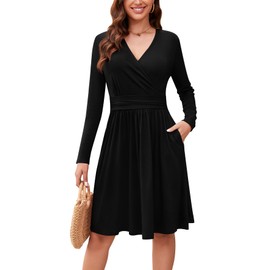 WEACZZY Women's 2025 Fall Long Sleeve Casual Black Dresses Wrap V-Neck Semi Formal Party Dress with Pockets,Black,XL