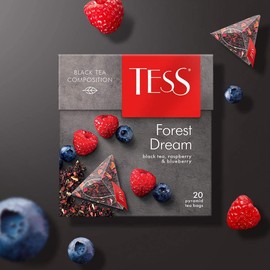 Tess Forest Dream Black Tea Composition Raspberry and Blueberry Leaf Tea in 20 Pyramid Sachets