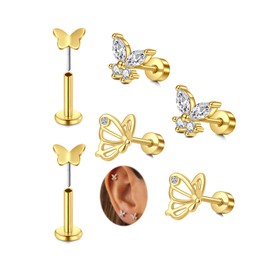 MODRSA Gold Cartilage Earring for Women Flat Back Hypoallergenic Earrings Threadless Helix Earring Tragus Studs 6mm Gold Cartilage Jewelry Flatback Surgical Steel Butterfly Earrings for Women