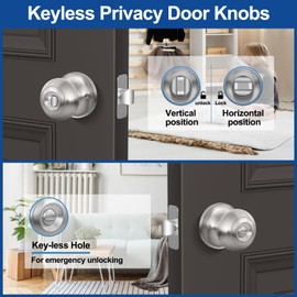AEEKEL Privacy Door Knob, Brushed Nickel Door Knobs Interior Keyless Locks Set(6 Pack), Bedroom Bathroom Door Knob with Lock, Reversible for Left/Right Door Handle