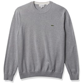 Lacoste Mens Long Sleeve Crewneck Cotton Jersey Sweater, Silver Chine, Small US