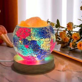 EHERDM Mosaic Glass Himalayan Salt Lamp Luminous Night Lamp with 3 Light Intensity Adjustment USB Plug in Wood Base Aroma Diffuser for Yoga Spa Meditation Blue