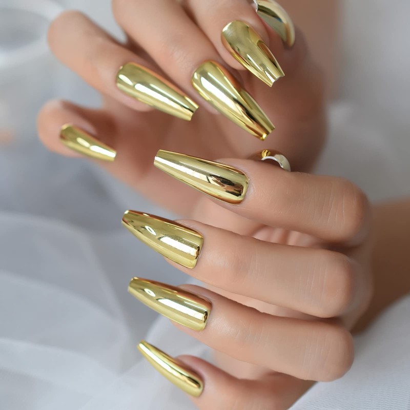 Coffin Medium Uv Gel Reusable Fingernails Glossy Soild Color Golden