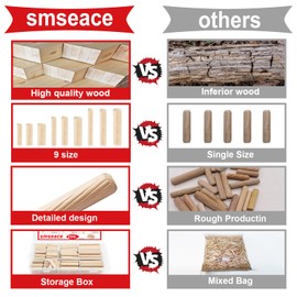 smseace Wooden Dowel Pins with Tapered End with Bevel Angle Groove Wood Pegs - 9 Sizes 6/25inch 5/16inch 3/8inch(6mm, 8mm, 10mm) Used for Crafts, Furniture, Door, DIY