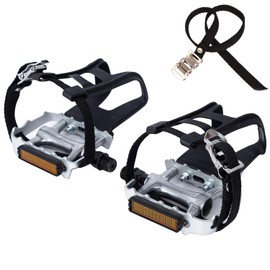 COZYROOMY Bicycle Pedals with Clips and Straps for Outdoor Cycling and Indoor Stationary Bike 9/16 Inch Spindle Resin/Aluminium Bicycle Pedals Black/Silver (Silver)