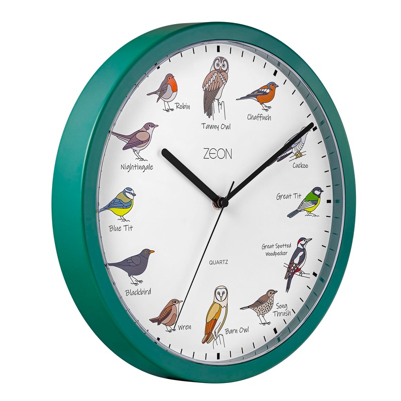 ZEON Birdsong Analogue Wall Clock, with Hourly Birdsong Announcements, Green,