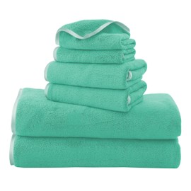 TENSTARS Luxury Silk Hemming Towel Set - Light Thin Quick Drying - 2 Bath Towels 2 Hand Towels 2 Washcloths - Ultra Soft Microfiber Towel for Bath Fitness, Sports, Yoga, Travel (Aqua Green, 6 Pieces)