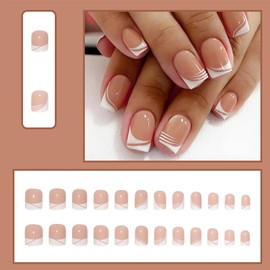 French Tip Short False Nails, Square Press On Nails, 24 PCS Stick On Nails with Glue, Reusable Fake Nails for DIY Manicure, Elegant and Natural Look for Women DIY Nail Art, Parties Weddings Daily (A)