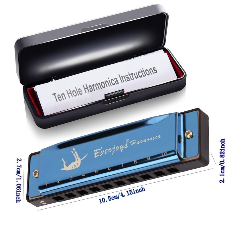 EVERJOYS Diatonic Harmonica 10 Hole Blue Harp Case, Polishing Cloth,