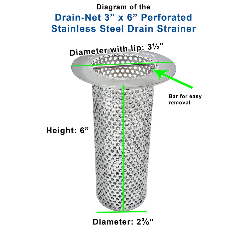 3" Commercial Floor Drain Strainer, 6" Tall, Perforated Stainless Steel