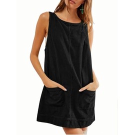 hibshaby Women's Corduroy Overall Dress Round Neck Pinafore Wide Strap Mini Dress with Pockets