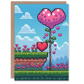 Artery8 Valentines Day Greeting Card Pixel Art Video Game Heart Plant For Him or Her