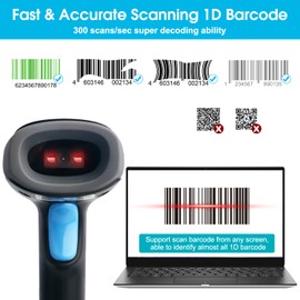Sumicor 1D Barcode Scanner, 2.4G Wireless & USB Connection Compatible with Windows 7 10 11, CCD Sensor Handheld Bar Code Reader with Holder (1D 2.4G Wireless)