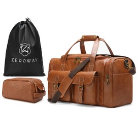 Zeroway PU Leather Travel Duffel Bag with Toiletry Dopp Kit and Laundry Bag, Weekender Overnight bag Luggage Carry-On Bag with Shoe Pouch for Men or Women Brown