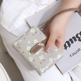 UTO Women's Large and Small Purse Flowers Many Compartments with Coin Compartment PU Leather Press Stud Zip Lightweight Wallet for Women Slim Wallet Boys Purse for Gift, Flower Small Grey, Casual