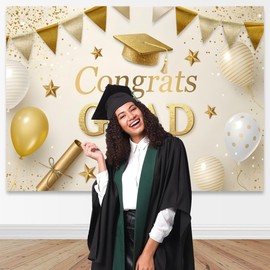 12x8ft Gold Graduation Backdrop Class of 2025 Glitter Balloons Bachelor Cap Congrats Grad Backdrops for Photoshoot Congratulations Grad Graduations Party Decorations Photography Background
