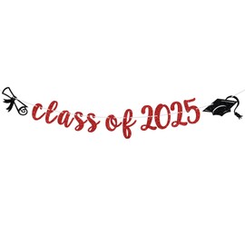 Class of 2025 Banner, Congrats Grad/So Proud of You/Congatulations, 2025 Graduation Party Decorations Supplies for High School/College Graduate, Red Glitter