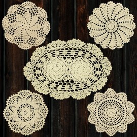 5 Piece 7 to 14 Inch Handmade Crochet Cotton Lace Doilies for Table, Beige