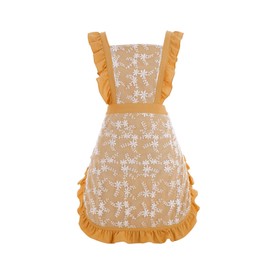 Pinknoke Vintage Pinafore Apron Dress for Women with Pockets Cute Floral Chef Aprons for Kitchen Cooking Baking Gardening (Melon Yellow)
