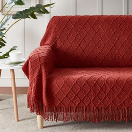 BOURINA Throw Blanket Textured Solid Soft Sofa Couch Cover Decorative Knitted Blanket (Cherry Red,50x60 inches)