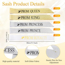 Lyrow 12 Pcs Graduation Prom King and Queen Sashes Set, Prom Prince Princess Glitter Sashes for Grad Party School Dance Homecoming Court Royalty Cosplay Accessories(White)