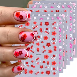 Flowers Nail Stickers for Nail Art 6 Sheets French Tip Nail Art Stickers 3D Self-Adhesive Spring Flower Nail Art Design Supplies Flowers Nail Decals DIY Manicure Nail Decoration Accessories for Women