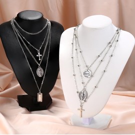 Kakonia 2PCS Layered Choker Necklaces for Women Tag Coin Cross Crucifix Blessed Virgin Mary Pendant Necklace Chain Silver Tone Gold Tone