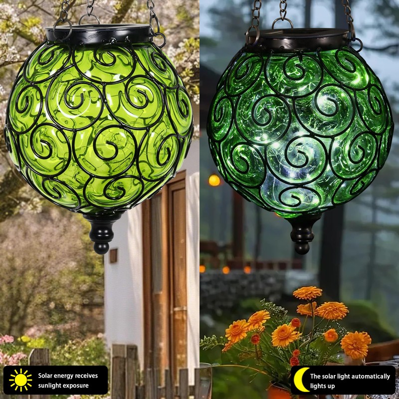 Naboher Solar Hanging Lantern Outdoor Garden Lights, Round Glass and