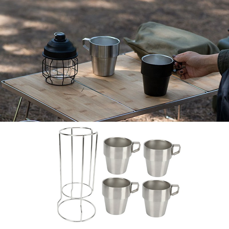 4PCS Camping Double Layer Cups Stainless Steel Food Grade Plastic
