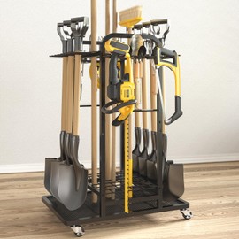 SOYEEZE Garden Tool Organizer with Lockable Wheels, Heavy Duty 3-Tier Yard Tower Tool Rack for Garage, Holds Up to 35 Long-Handled Tools, Garden Tool Cart with 12 Hooks for Tool Organization Storage