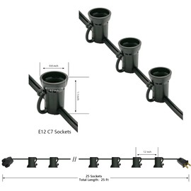 Yirunfa Christmas Light Stringer, C7 / E12 (Candelabra Base) Light Strand 12” Spacing, 25 Sockets 25ft SPT-1 18AWG Black Wire, Fits C7 Incandescent or LED Bulbs