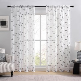 Leaf Sheer Curtains 84 Inches Long 2 Panels Grey Embroidered Sheer Curtains for Bedroom Light Filtering Neutral Floral Voile Rod Pocket Natural Botanical Faux Linen Drapes, 50x84 Gray on White
