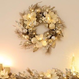 Valery Madelyn 24 Inch Pre-Lit Christmas Wreath for Front Door with Lights, Large Lighted Christmas Wreath with Champagne Gold Xmas Balls for Fireplace Window Outdoor Table Centerpiece Home Decoration