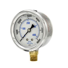 PIC Gauges PRO-201L-254S 0-6000 PSI Pressure Gauge, 2 1/2" Dial, 1/4" Male NPT Connection, Bottom Mount, Dual Scale, Glycerin Filled, Stainless Steel Case/Bezel, Brass Internals & Plastic Lens, 0/15