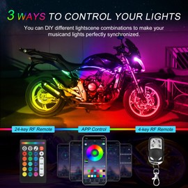 Motorcycle LED Underglow Kit, ICICAR 12 Pcs APP Control RGB 16 Million Color Dual Remote Music Mode IP68 Waterproof Led Lights, Motorcycle Lights with Power Switch