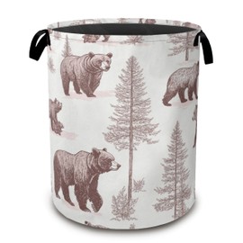 Large Laundry Basket,Retro Bear Collapsible Laundry Baskets,Forest Printed Waterproof Oxford Hamper with Handles for Bathroom Bedroom Nursery Home Storage 16"x20"
