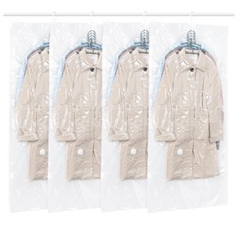 QH7 Hanging Vacuum Storage Bags Space Saving Vacuum Bags for Clothes, Suits, Dresses, Coats or Jackets, Clear and Reusable Closet Organizer with 4 Pack, 145 x 70 cm