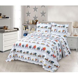 MK Collection Bedspread Set Kids Teens Loader Construction Trucks White Red Orange Yellow Black Bedspread Set New (Twin)