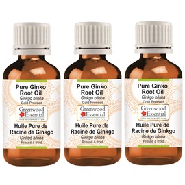 Greenwood Essential Pure Ginko Root Oil (Ginkgo biloba) Natural Therapeutic Grade Cold Pressed (Pack of Three) 100ml X 3 (10 oz)