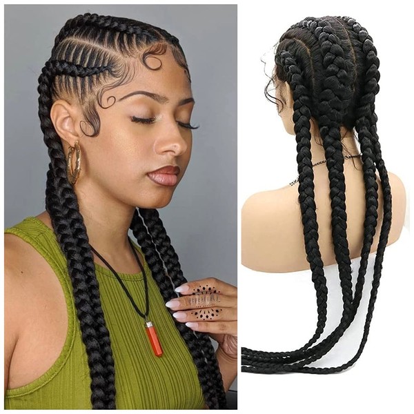 RainaHair Black Braided Wigs 4x Twist Cornrow Braided Wig with Baby Hair X Pression Braiding Hair Synthetic Lace Front Wigs for Women Cosplay Costume Party Wig … …