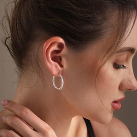 LeCalla 925 Sterling Silver Hoop Earrings for Women with Dual-sided Cubic Zirconia | Inside-Out Hoop Earrings Jewelry Gift 25MM