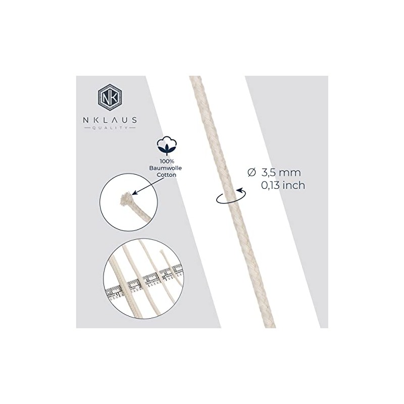 Nklaus 3 Metres Round Wick 100% Pure Cotton 3.5 mm