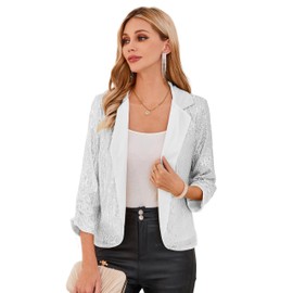 GRACE KARIN Women Sparkly Sequin Blazer Jacket 3/4 Sleeve Open Front Cropped Blazer Carnival Outfit Silver L
