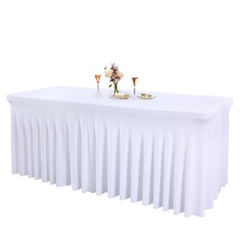 1 Pack White Table Clothes for 6 Foot Rectangle Tables, One-Piece Wrinkle Resistant Stretch Spandex Table Covers with Skirt for Event Banquet Wedding Birthday Party