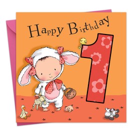 Twizler 1st Birthday Card for Girl with Lamb - Age 1 Birthday Card - Age 1 Card - Age 1 Girls Gifts - Childrens Birthday Card - Girls Birthday Card - Happy Birthday Card