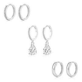 Sterling Silver Hoop Earrings for Women, 3 Pairs Small Silver Huggie Hoop Earrings Set | Hypoallergenic Cubic Zirconia Teardrop Dangle Cartilage Earrings Fashion Jewellery Girls Gifts
