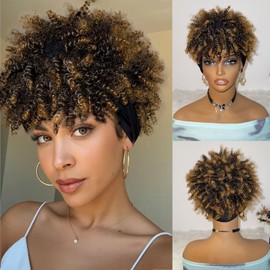 Mayouda Afro Headband Wig Kinky Curly Headband Wig with Bangs Head-Wrap Wigs 2 in 1 Afro Puff Wig for Women Synthetic Half Wigs (Heibu-Omber Blonde)